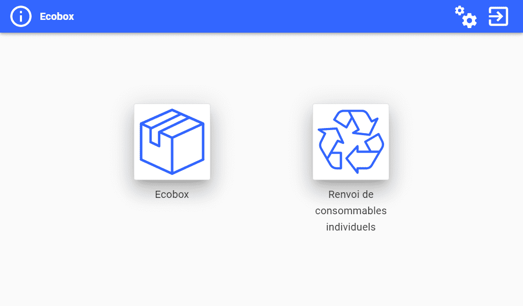 Application Ecobox - Ecran Commande ou Renvoi de consommables Ecran de configuration Ecobox choix commande Ecobox ou renvoi de consommables individuels